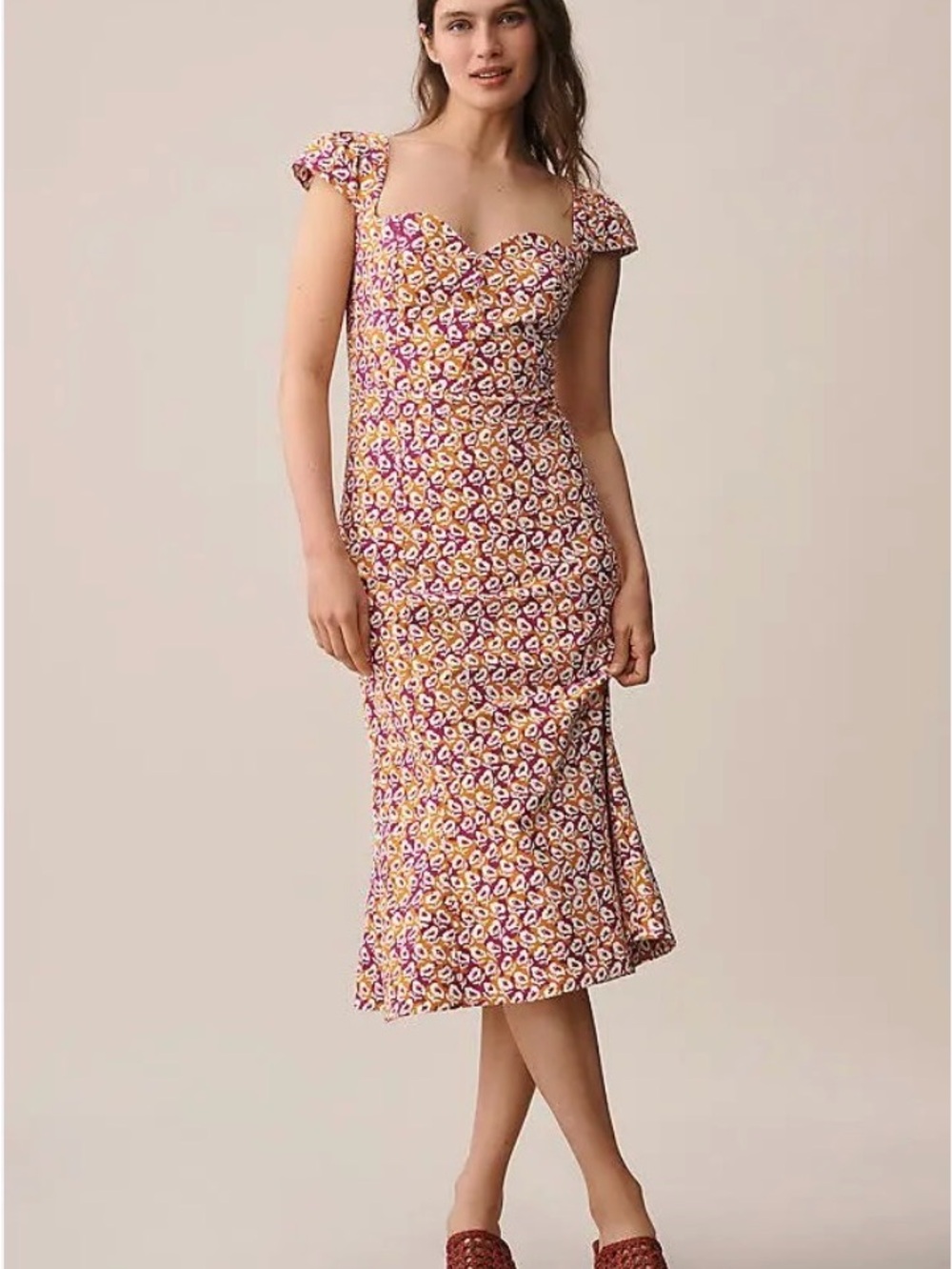 Maeve Pink and Yellow Floral Sweetheart Midi Dress -elegant cocktail dress